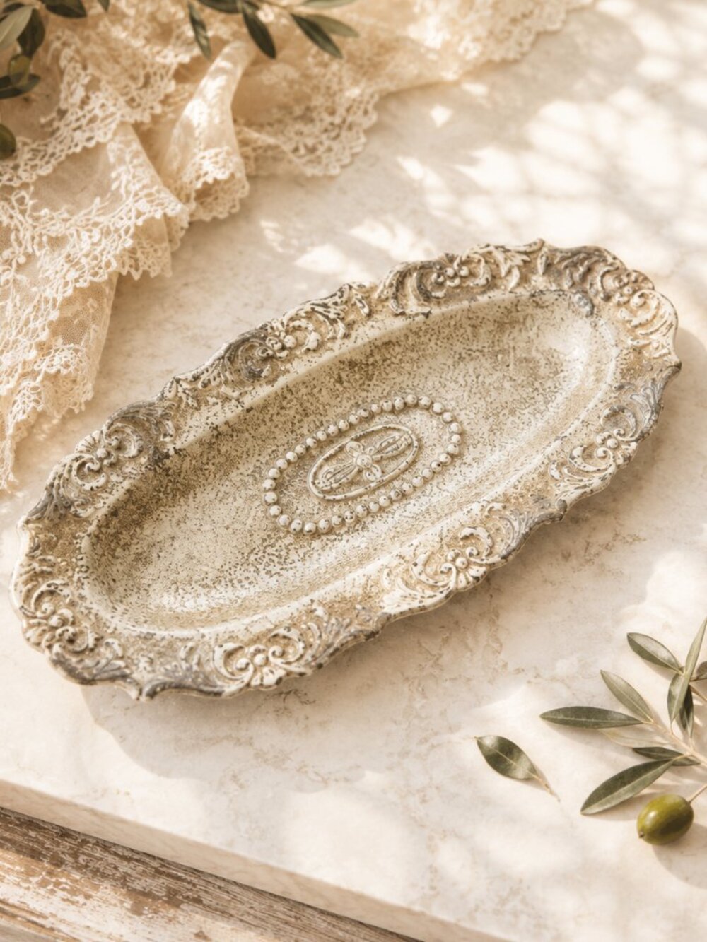 Vintage French Country Ornate Oval Vanity Tray With Intricate Dragonfly Design